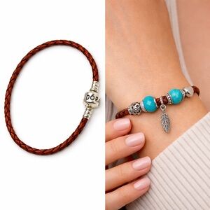 Pandora Braided Leather Charm Bracelet Sterling Silver Barrel Clasp 7.25
